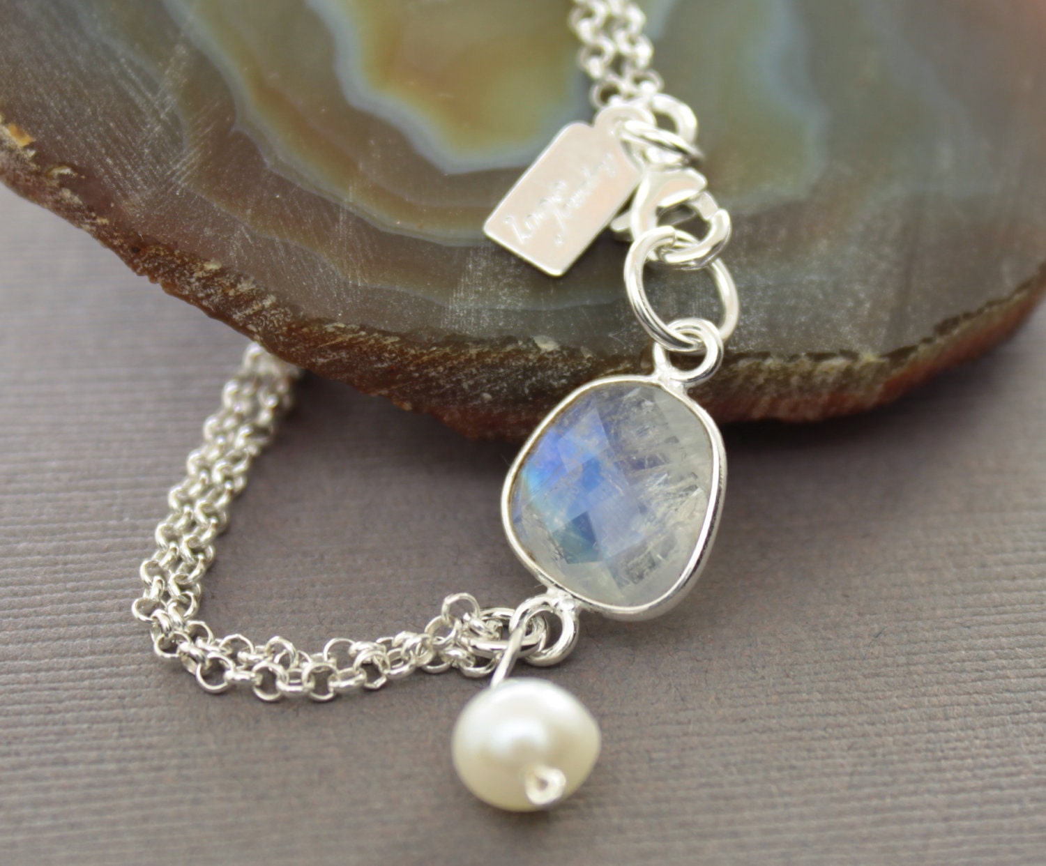 Bridal, Bridesmaid - Moonstone with white pearl bracelet with sterling silver.
