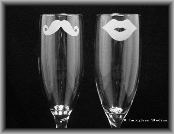 As seen in Wedding Style Magazine His and Hers Mustache and Lips Champagne Flutes by Jackglass on Etsy