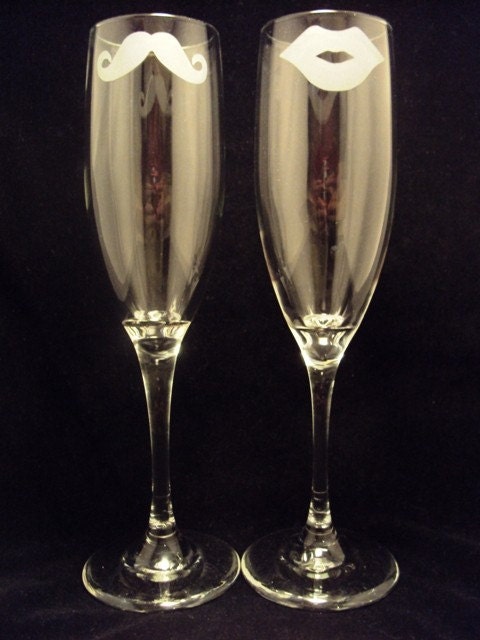 His and Hers Mustache and Lips Champagne Flutes by Jackglass on Etsy