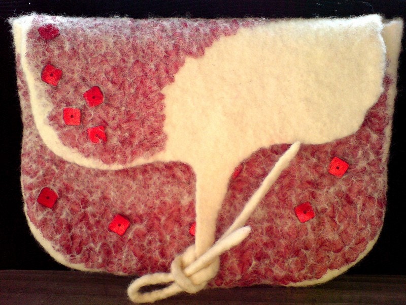 Red and White Nunofelt Makeup Bag with Sequins