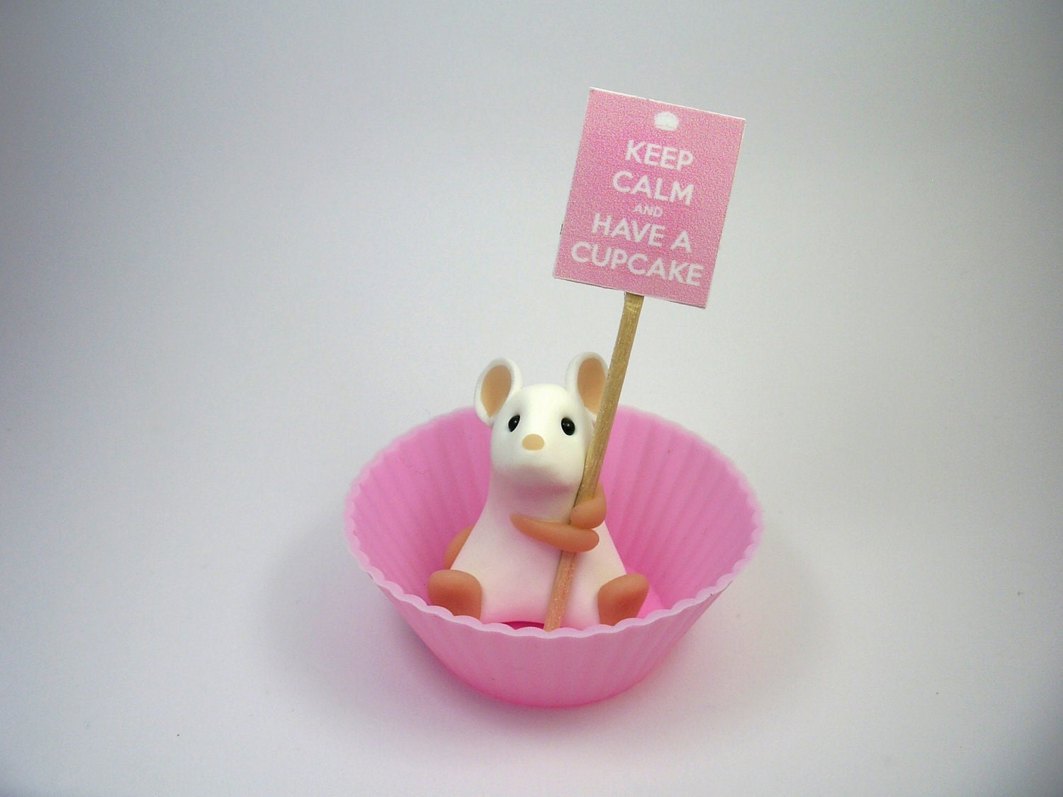 Keep Calm and Have a Cupcake White Mouse (Pastel Pink) Mothers Day Ornament Cake Topper