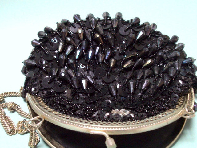 Vintage Beaded Purse cr.1930, Estate Collection Black with Black beads,crystal, sequins evening, satin lining I take Credit Cards