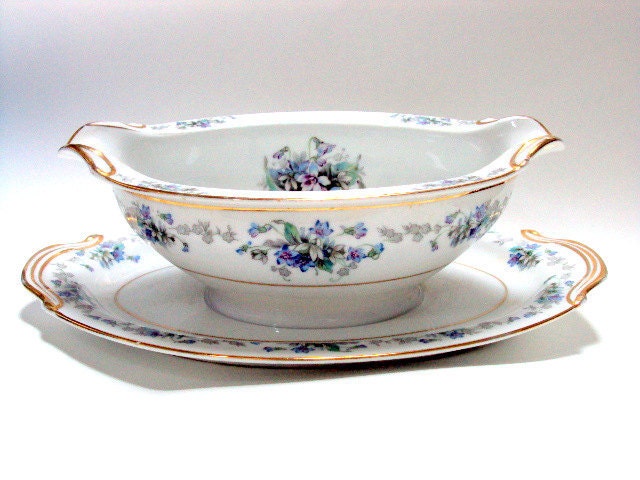 Vintage Noritake Gravy Boat with attached Underplate. Cr. 1948, Discontinued Violette Pattern RESERVE for Kathy