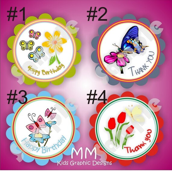 Butterfly and Flowers Theme - 40 Die cut 2 inch circle scalloped Stickers - Choose your design - Birthday - Baby Shower - Personalized Il_570xn