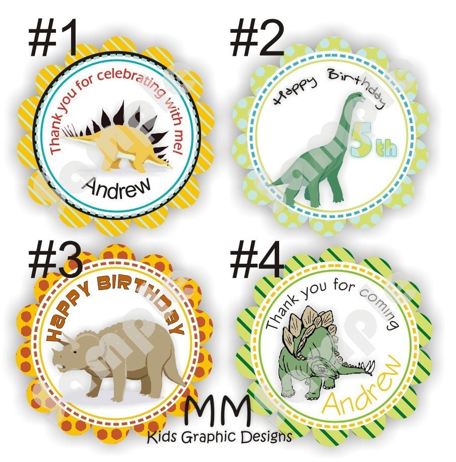 Dinosaurs Theme - 40 Die cut 2 inch circle Stickers with scalloped edges - Choose your design - Thank You - Birthday - Personalized Il_570xn