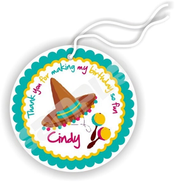 60 Thank You 2.25 inch circle Tags - Birthday - Baby Shower - Bridal Shower - Thank You - Fiesta Theme - Personalized Il_570xn