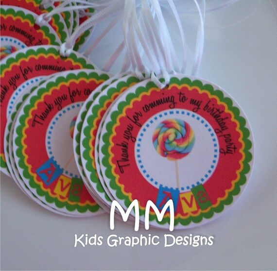 24 Thank You 2.25 inch circle Tags - Birthday - Baby Shower - Bridal Shower - Thank You - Lollipop Theme - Personalized Il_570xn