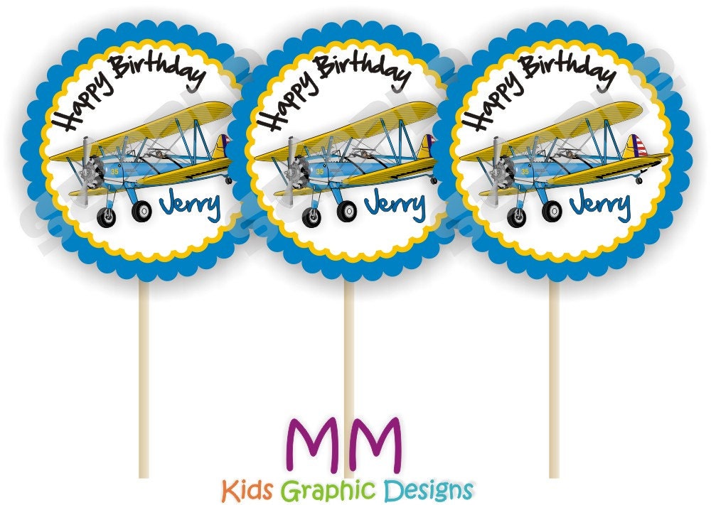 Airplane Theme - 12 Cupcake Toppers - Personalized - Birthday - Baby Shower Il_570xn