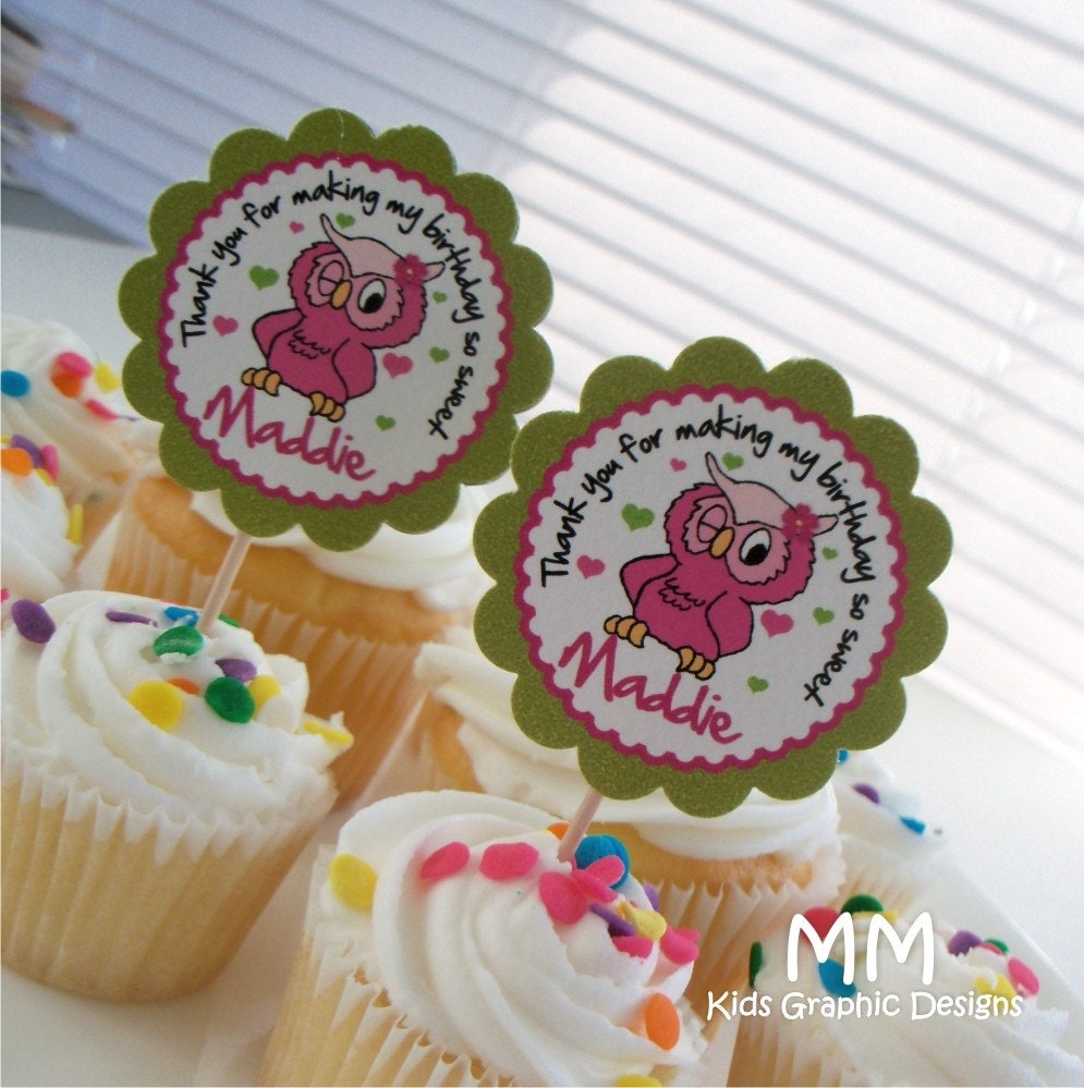 Owl Theme - 30 Cupcake Toppers - Personalized - Birthday - Baby Shower Il_570xn