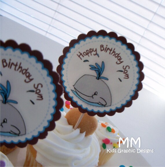 Whale Theme - 12 Cupcake Toppers - Personalized - Birthday - Baby Shower - Choose the design Il_570xn
