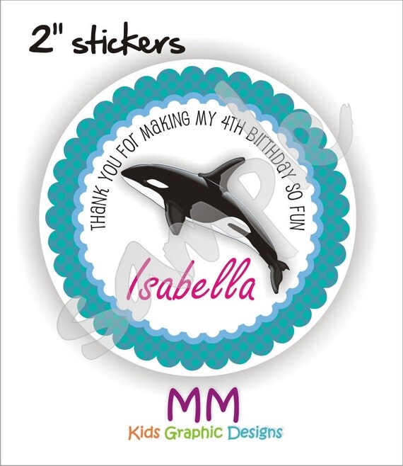 40 Thank You 2 inch circle Stickers - Birthday - Baby Shower - Envelope Seal - Address Label - Orca Killer Whale Theme - Personalized Il_570xn