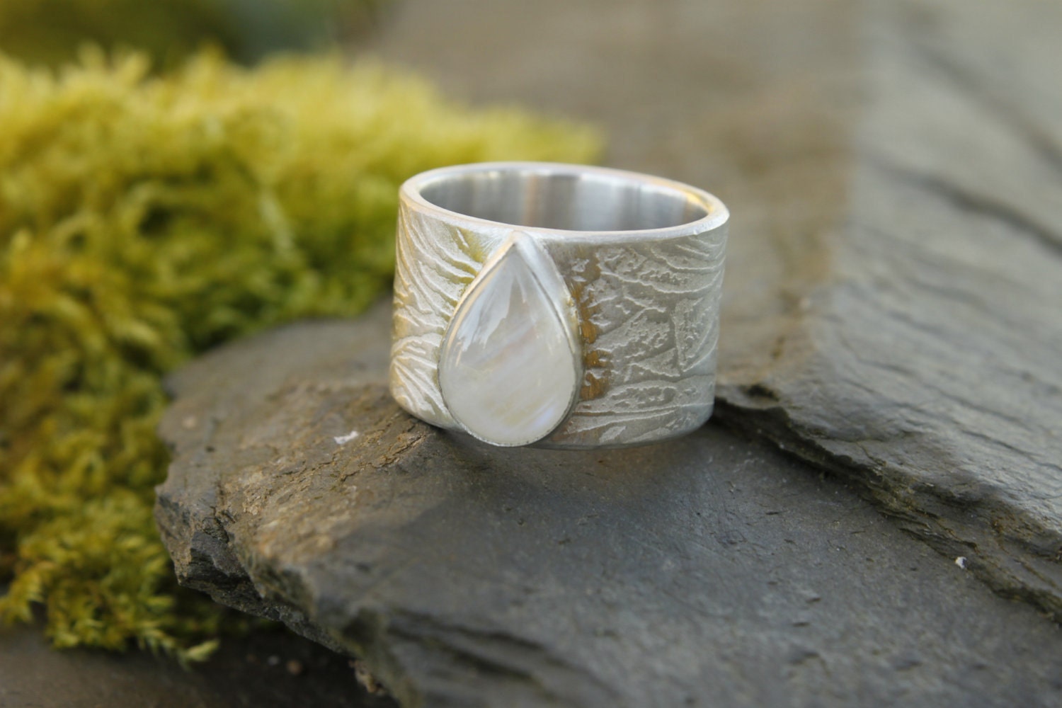 Sterling silver moonstone ring - textured - made to order