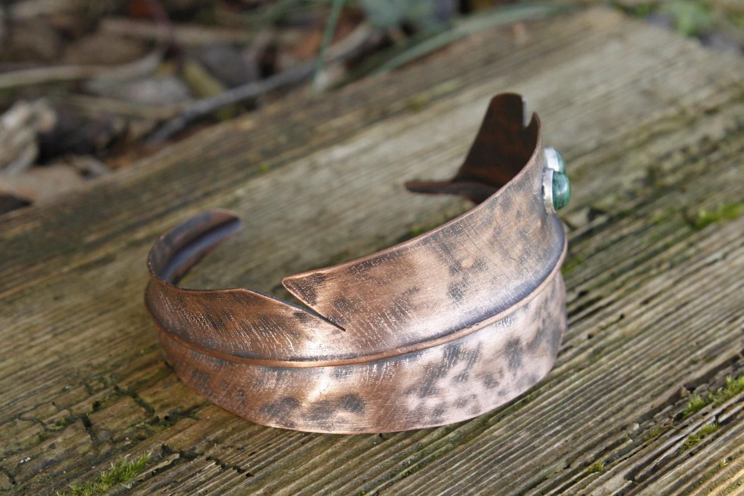 Feather copper and malachite cuff bracelet - made to order
