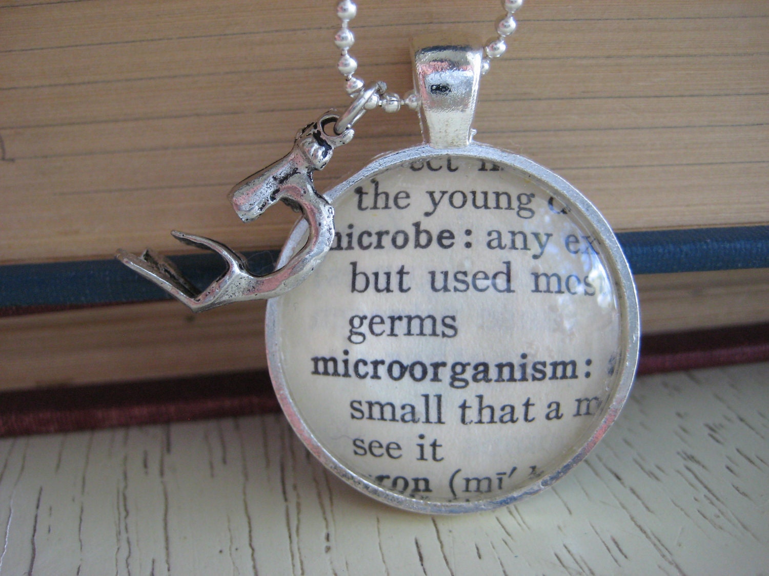 Vintage Silver Microbe Glossary Pendant with Microscope Charm