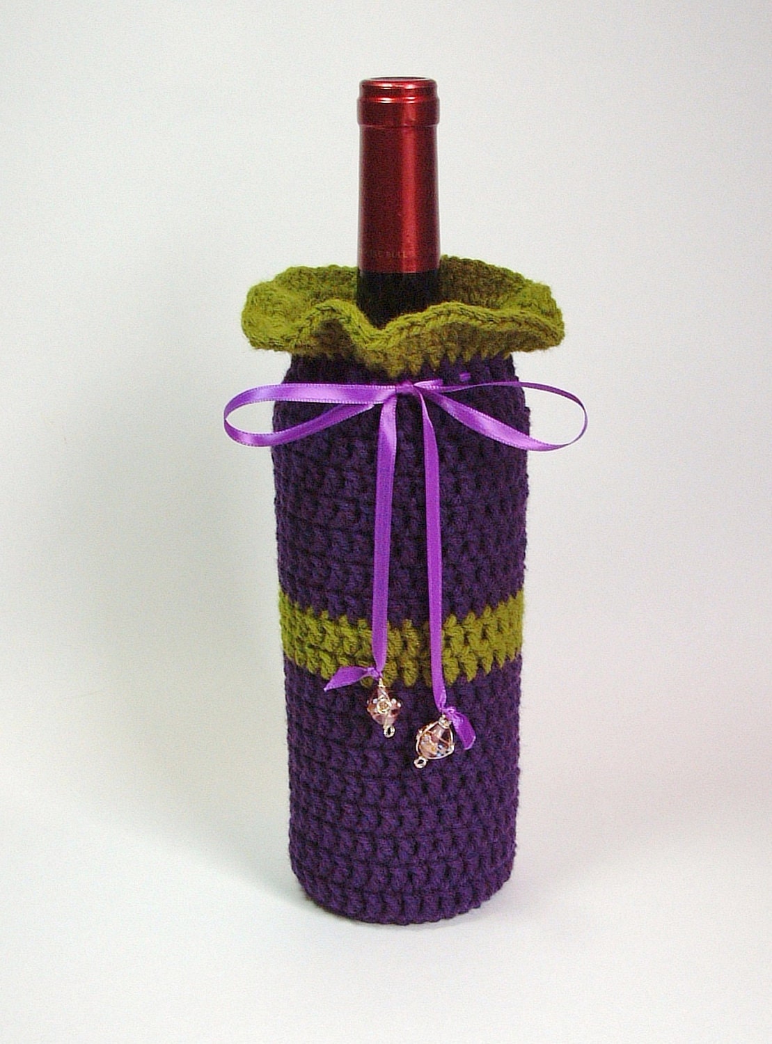 Wine Gift Bag Champagne Cozy Eggplant Purple Olive Green Wire Wrapped Glass Beads Violet Satin Ribbon Bottle Cozee Handmade Hostess