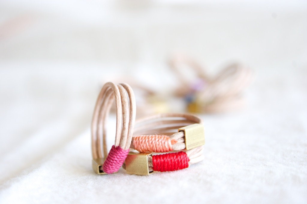 Leather and Brass ring - THREE set warm