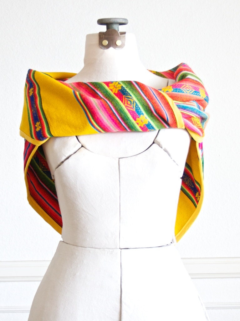 Yellow triangle aztec scarf - neo folk wrap in mustard and forest green
