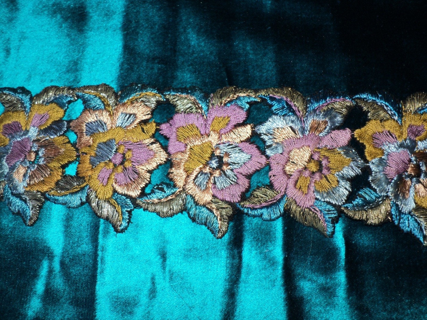 Metallic 1920s Embroidered Floral Appliques Teal, Purple, Olive green, metallic gold and blue Art Deco Victorian