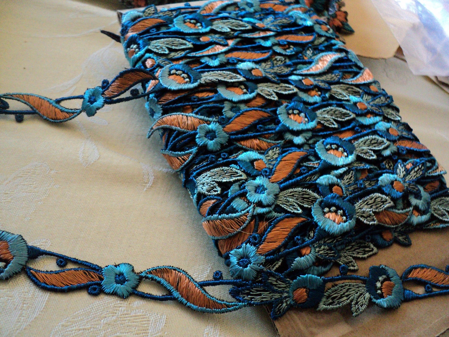 1920s Antique floral applique trim teal and orange original yardage dress vintage project