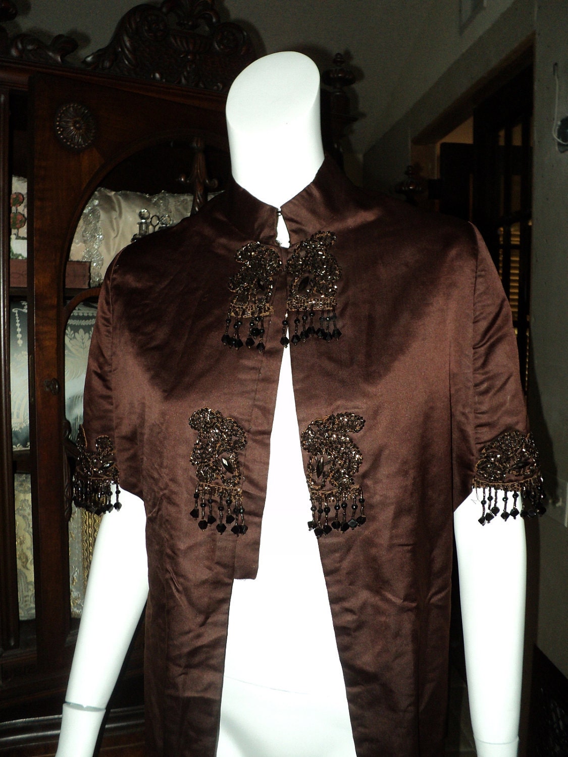 Victorian Beaded Capelet with Fringe Original Wearable Steampunk Cape Late 1800s Beaded Applique
