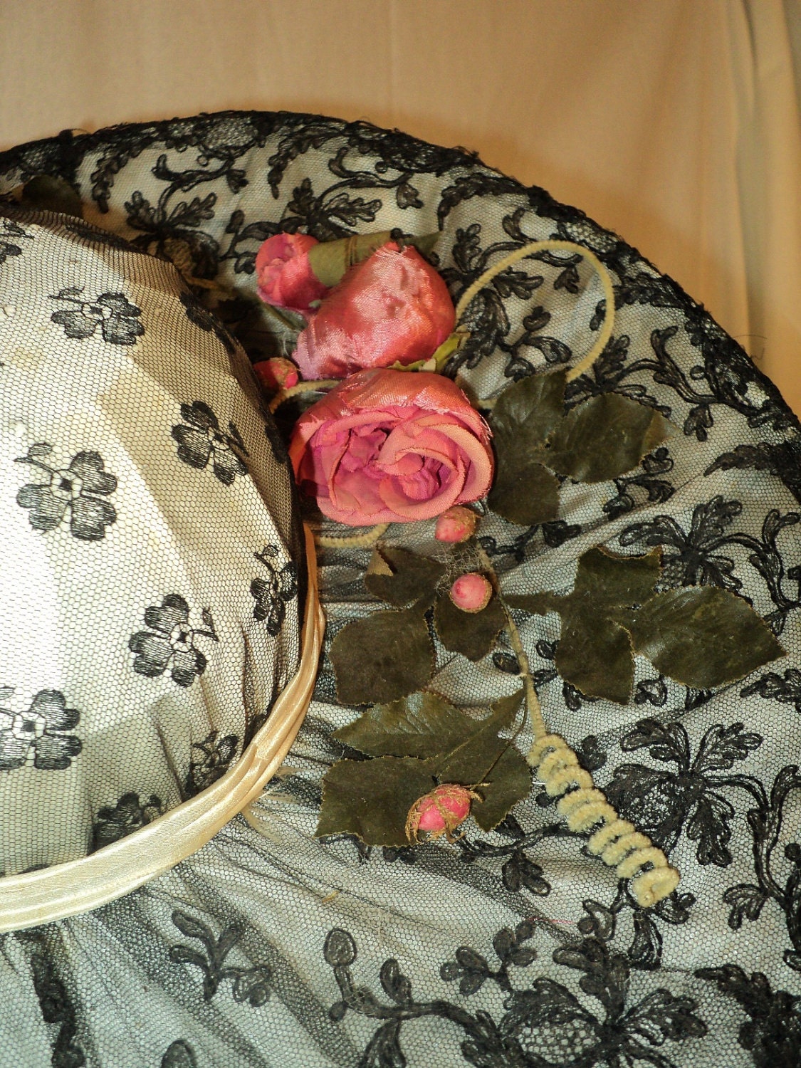 Edwardian Titianic Era Lame Floral Black Lace embroidered net extra wide wire framed hat Gorgeous Museum Quality