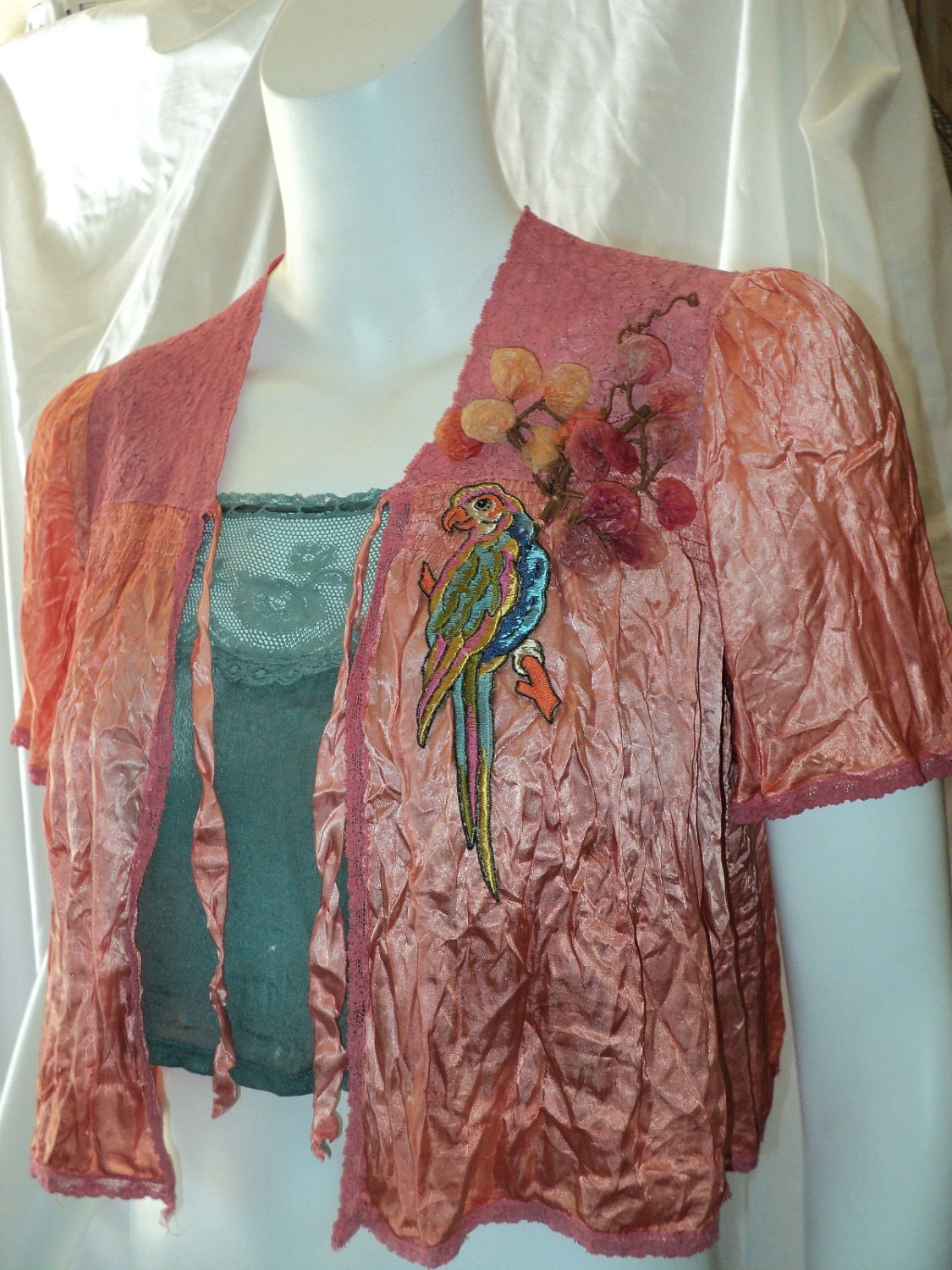 Bellasoiree Original Design Art Deco Bed Jacket with antique Parrot applique and dimensional French flowers