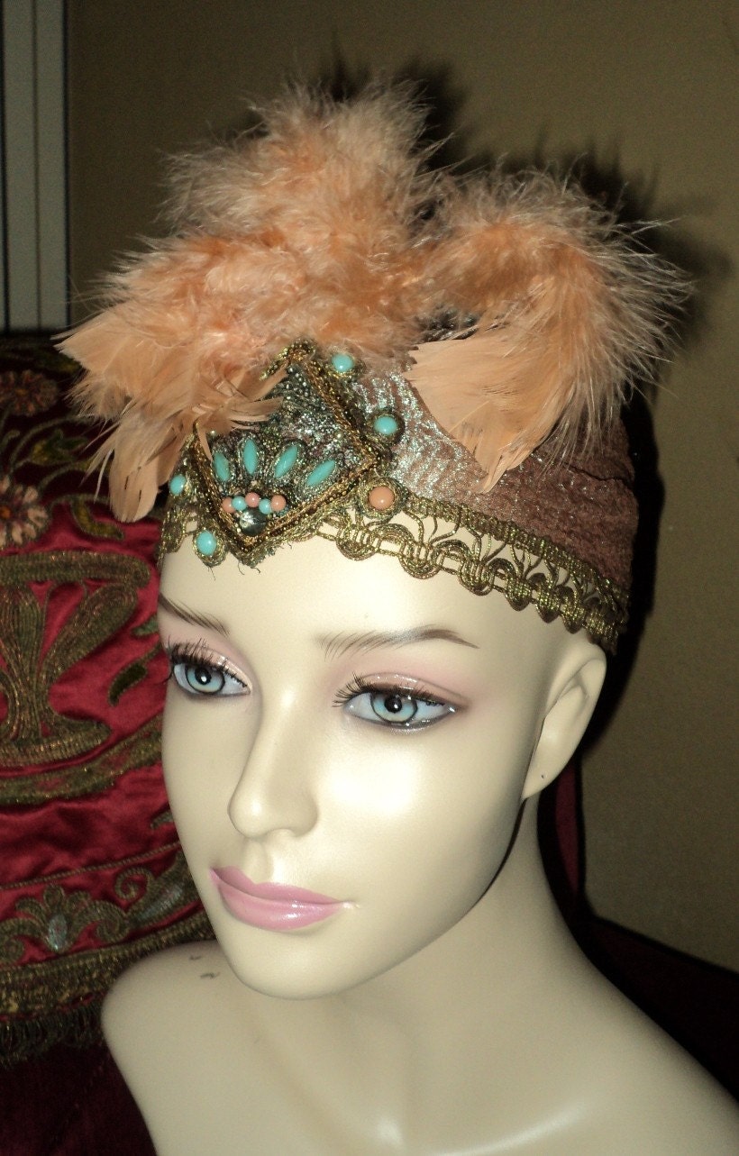 1920's Flapper Era Art Deco Headpiece Hat Cloche Plumes Turqouise Metallic Turban Bellasoiree