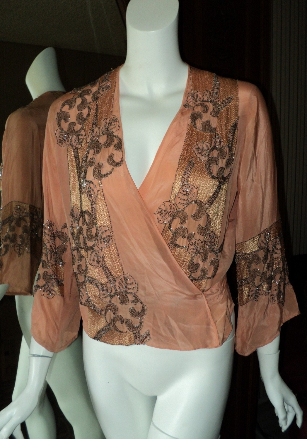 1920's Flapper Beaded Silk Wrap Top Blouse Peach with silver,clear,and gold beads Antique Vintage