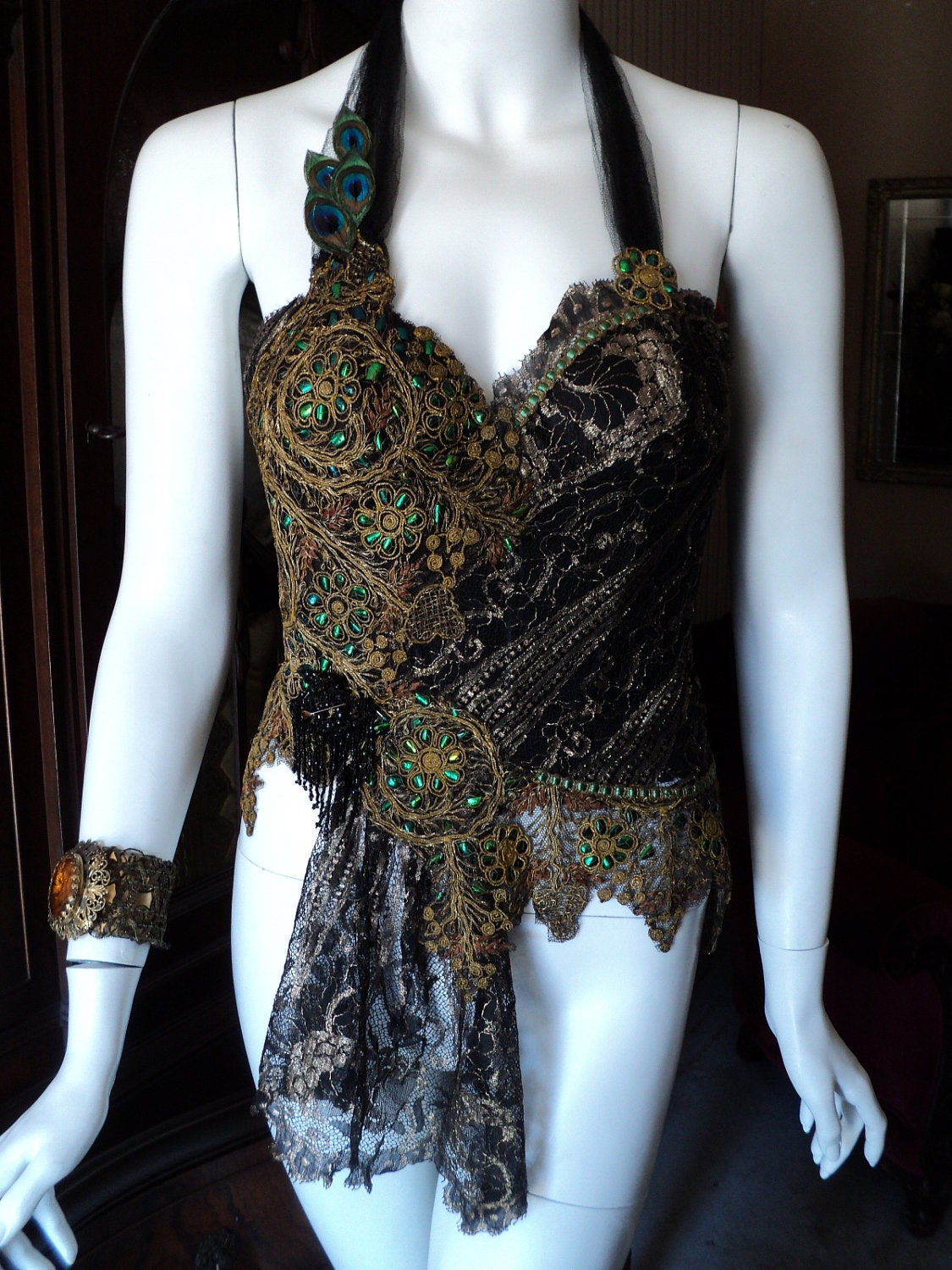Victorian Art Deco Jewel Beetle Wing Metallic Lace Peacock Bustier Corset Bellasoire Original Design "Absinthe"