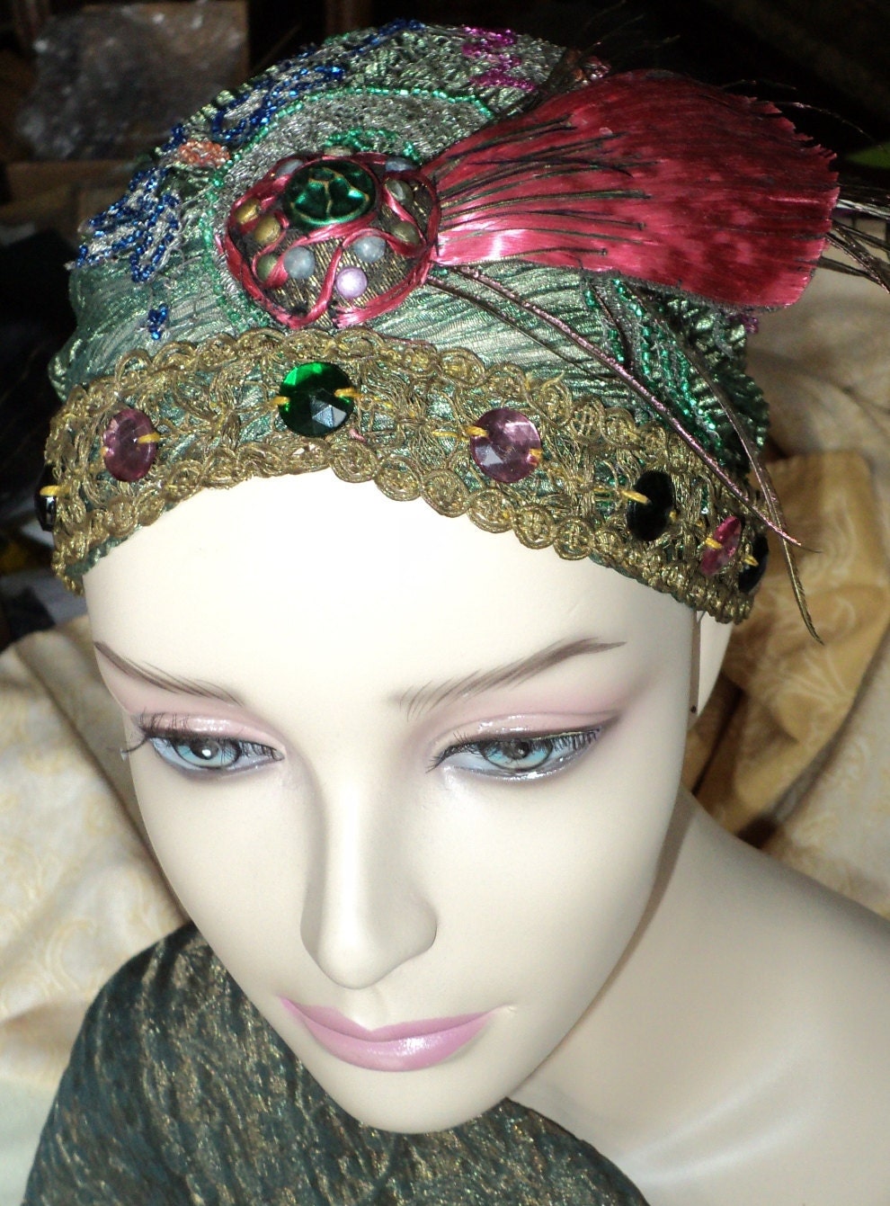 1920s Beaded Metallic net Turban on Silk handmade Flapper with Headpiece Feather Peacock cabachons
