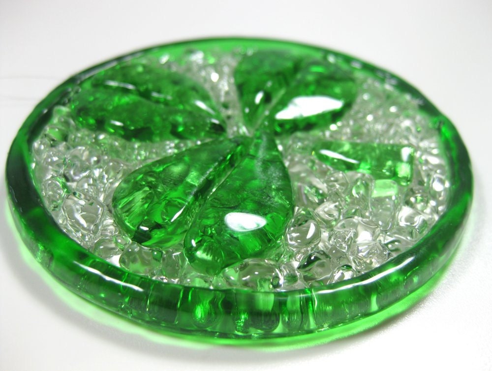 Crushed Glass Suncatcher, Shamrock Green Clover, Recycled Wine Bottles