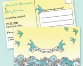 Birds Save the Date postcard. Unique Custom Illustrated Vintage Inspired Retro Ocean Beach Destination Postcard
