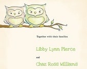 Illustrated Vintage Inspired Owl Wedding Invitation Sample. Hand Drawn.