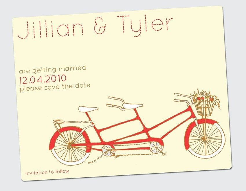 tandem bicycle save the date cards.illustrated.unique. Hand Drawn.