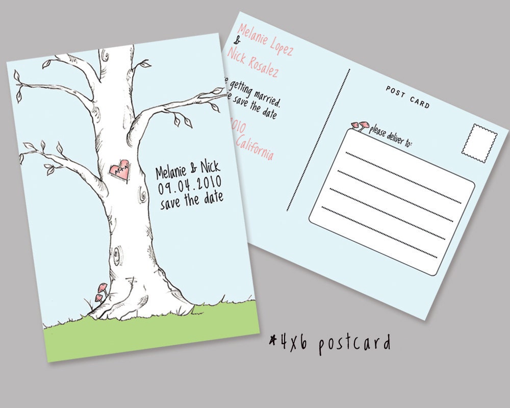 Tree Save the Date Postcards. Unique Original Illustration. Hand Drawn.