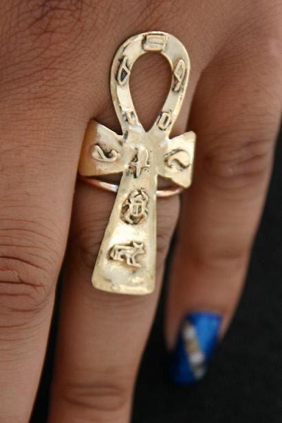 Brass Jewelry Ankh Ring Bold Large Egyptian Hieroglyphic Design