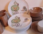 Vintage Texas Ware Eagle Melamine Mocha Brown Dish Set Mugs Bowls Plates 35 pieces