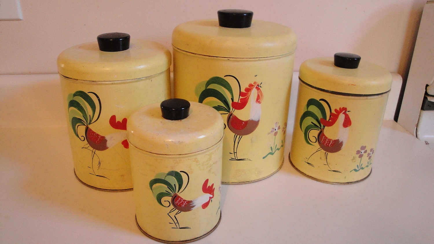 Vintage Stacking Canister Set Tin Ransburg Yellow by CraftySara
