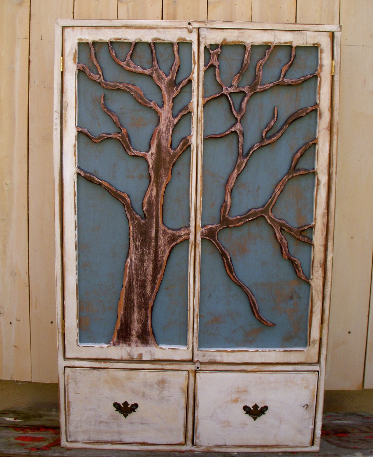 Rustic Furniture - Cabinet - Oak Tree - Artistic - Storage - Shelves, Shabby - French Cottage - Chic