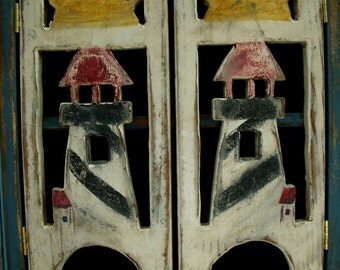 Handmade Wood Cabinet - Sun - Lighthouse - Cottage Chic - Shabby Decor
