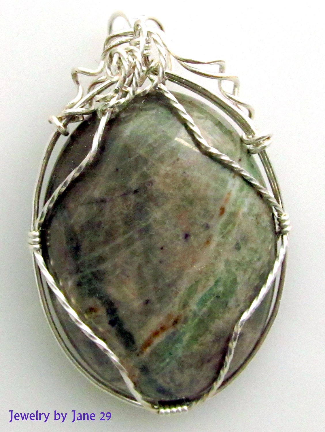 Sterling Silver Wire Wrapped Green Jasper Pendant on Snake Chain
