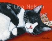 Do Not Turb Tuxedo Cat and Little Mouse PRINT of my Original Painting 5x7