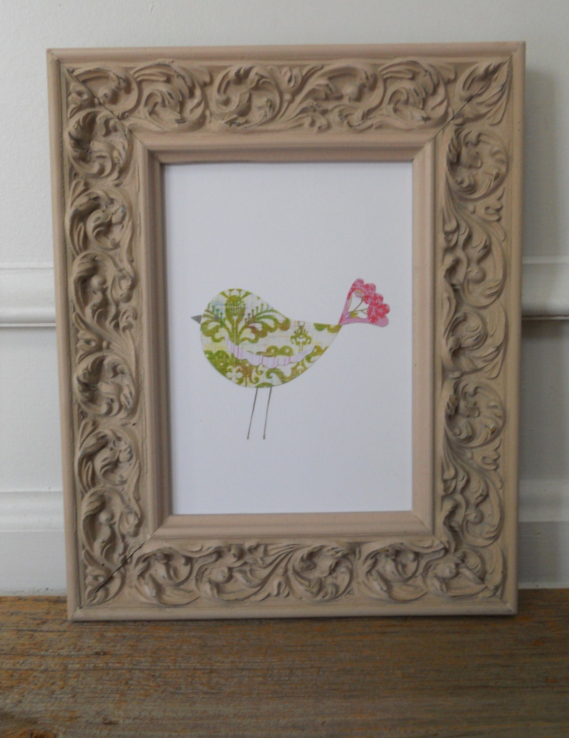 chic green leaf bird, 5x7 print, mixed media poster wall art