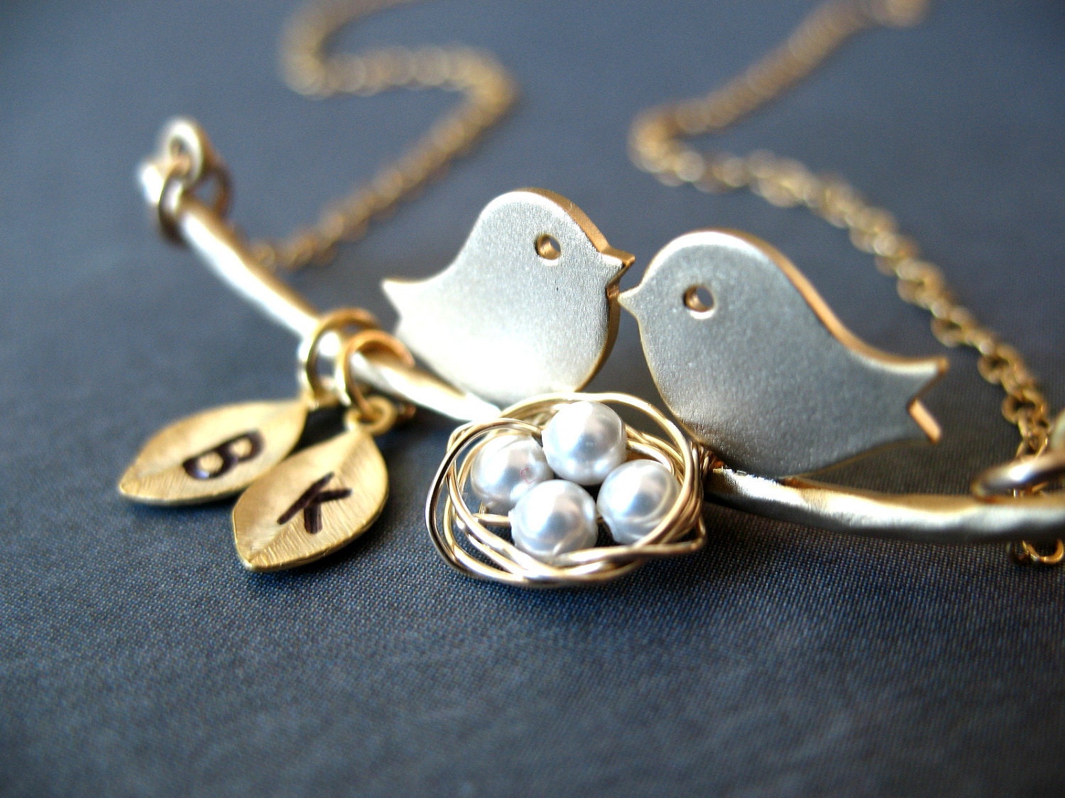LOVE Birds and kids Necklace Personalized Custom Initials Eggs Baby Bird Nest Kissing Mothers Birthday Couple Family Mom to Be