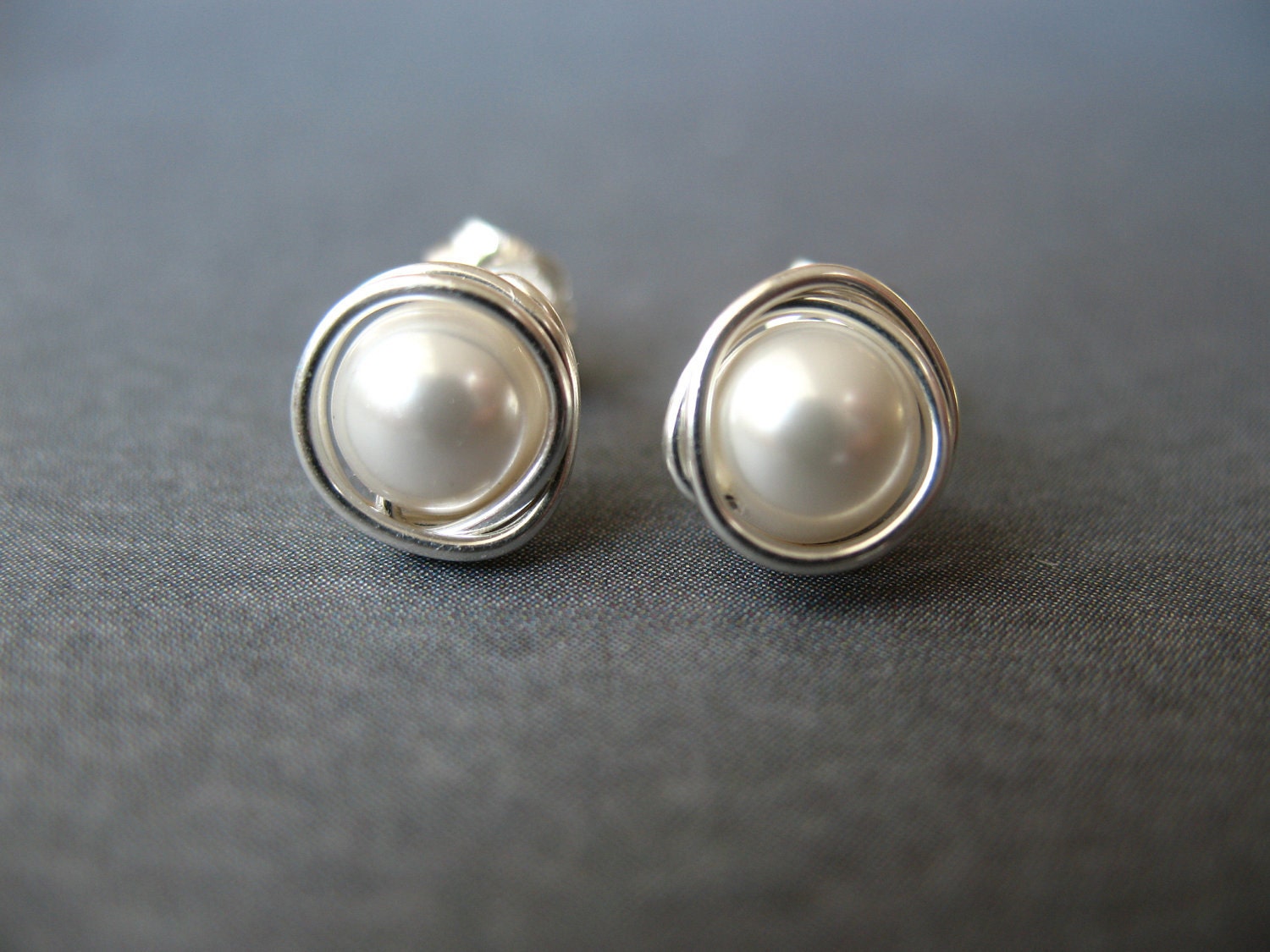 Pearl Earrings, Pearl Studs, Sterling Silver, Wire Wrapped Pearls, Everyday Jewelry, Bridal Party, Friend, Birthday,Bridesmaids Gift