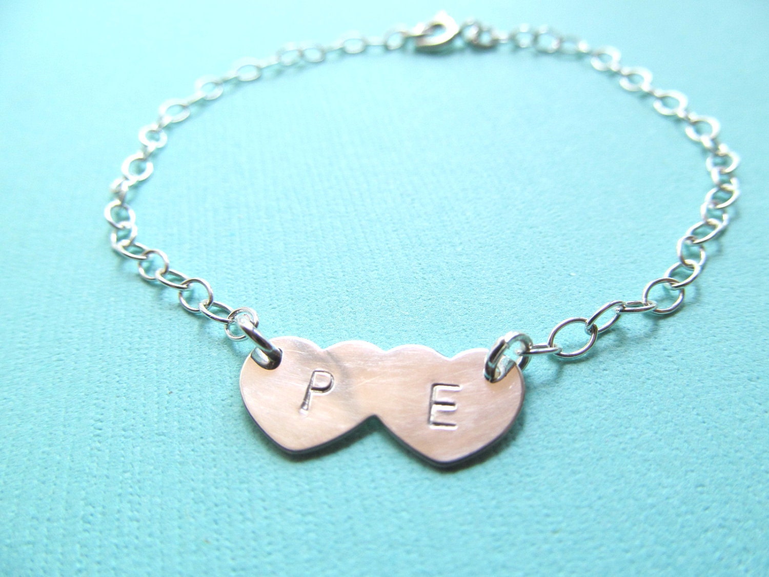 Personalized Initial STERLING Silver Bracelet, Two Hearts, Heart Bracelet, Anniversary Gifts, Engagement Gifts, Bridal Shower Gifts