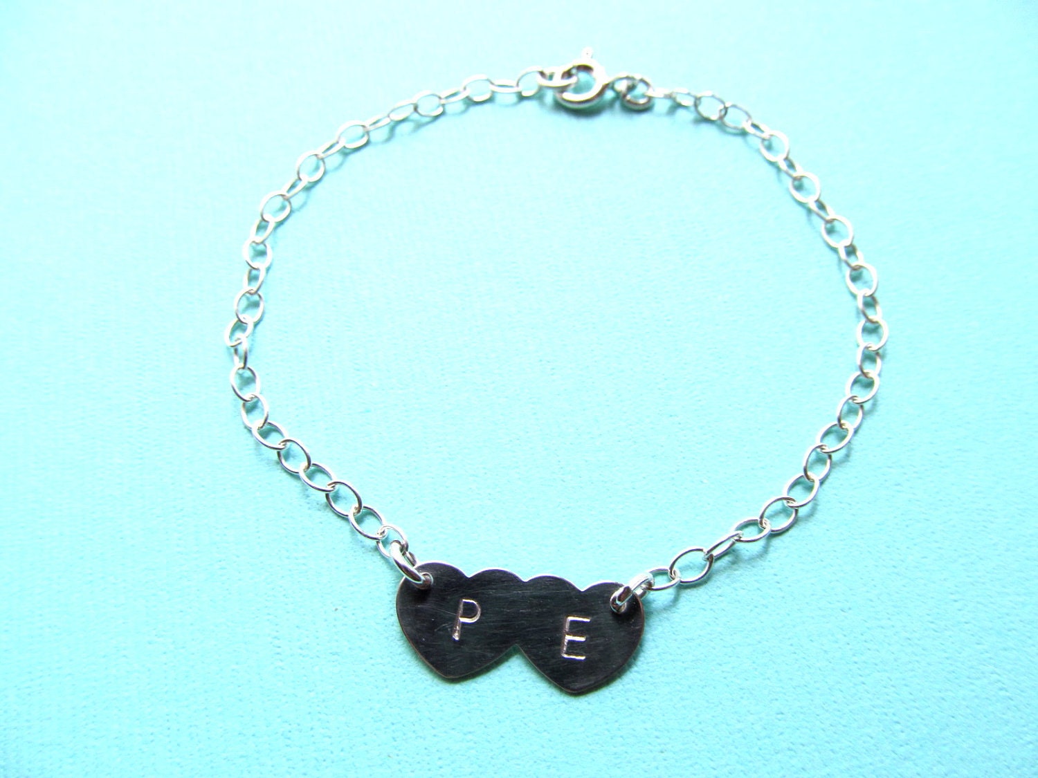 Personalized Initial STERLING Silver Bracelet, Two Hearts, Heart Bracelet, Anniversary Gifts, Engagement Gifts, Bridal Shower Gifts