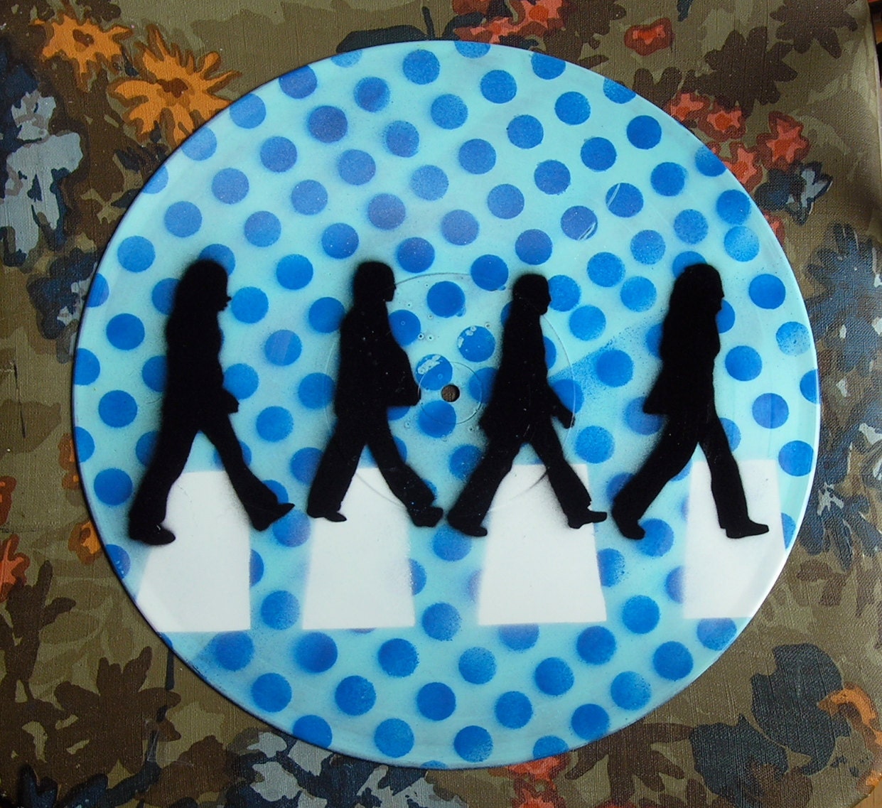 the Beatles Abbey Road Spray-Painted in Blues on a Recycled Polka-Dot Record (Vinyl) BUY any 3 RECORDS get a 4th FREE