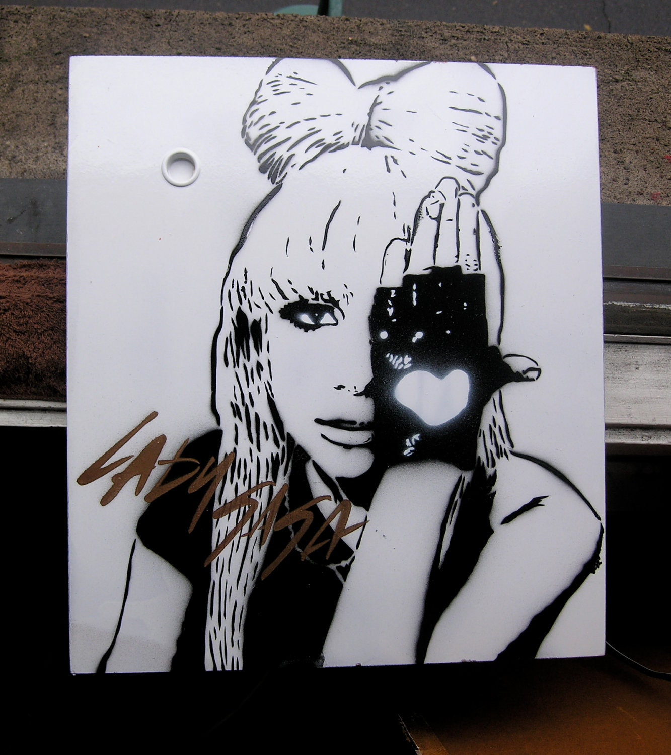 Lady Gaga in Black and White Spray-Painted on Wooden Cabinet Door