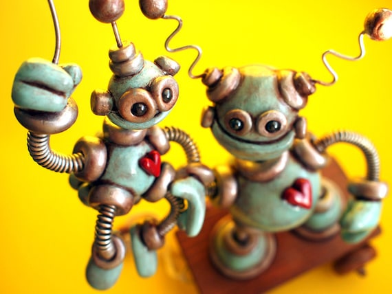 Robot Pull Toy - Father and Child with Balloon - Rustic Pale Blue Silver - Clay, Wire, Wood, Paint